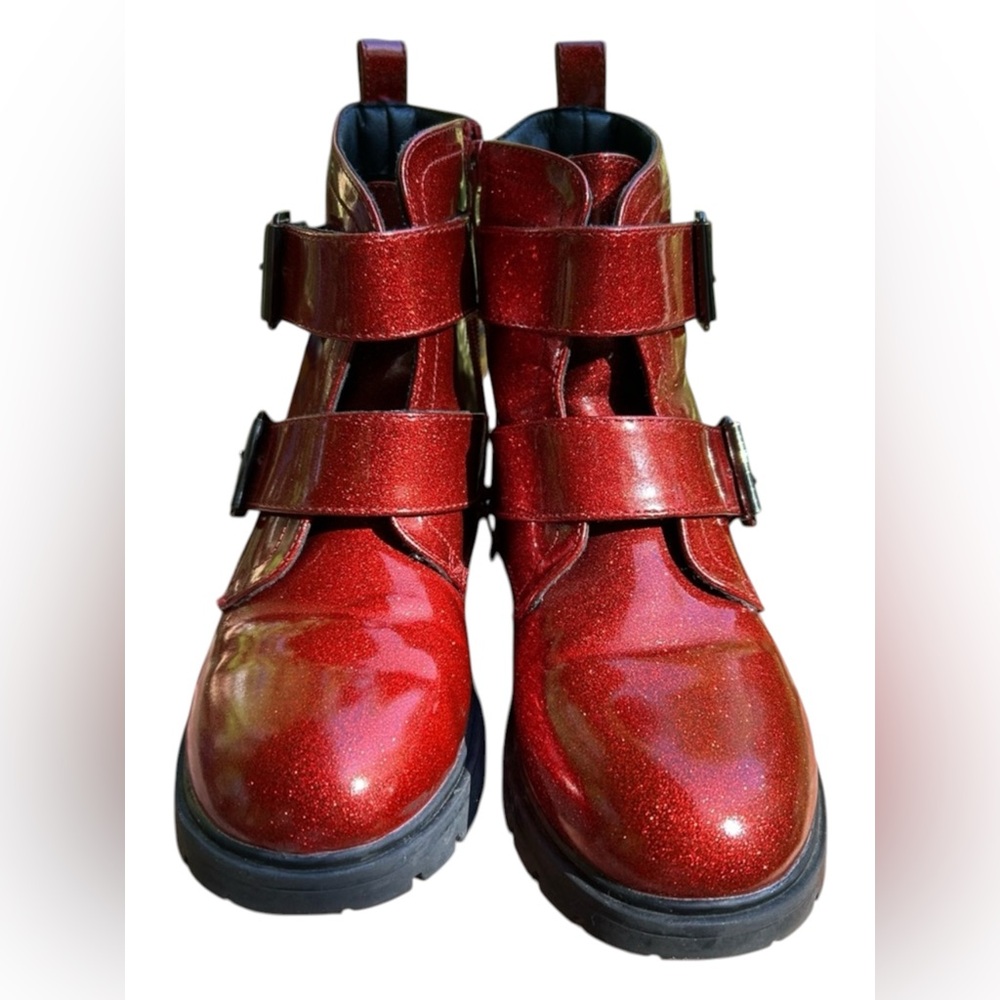 Dream Pairs Red Glitter Double Buckle Kids Over Ankle Boots EUC
